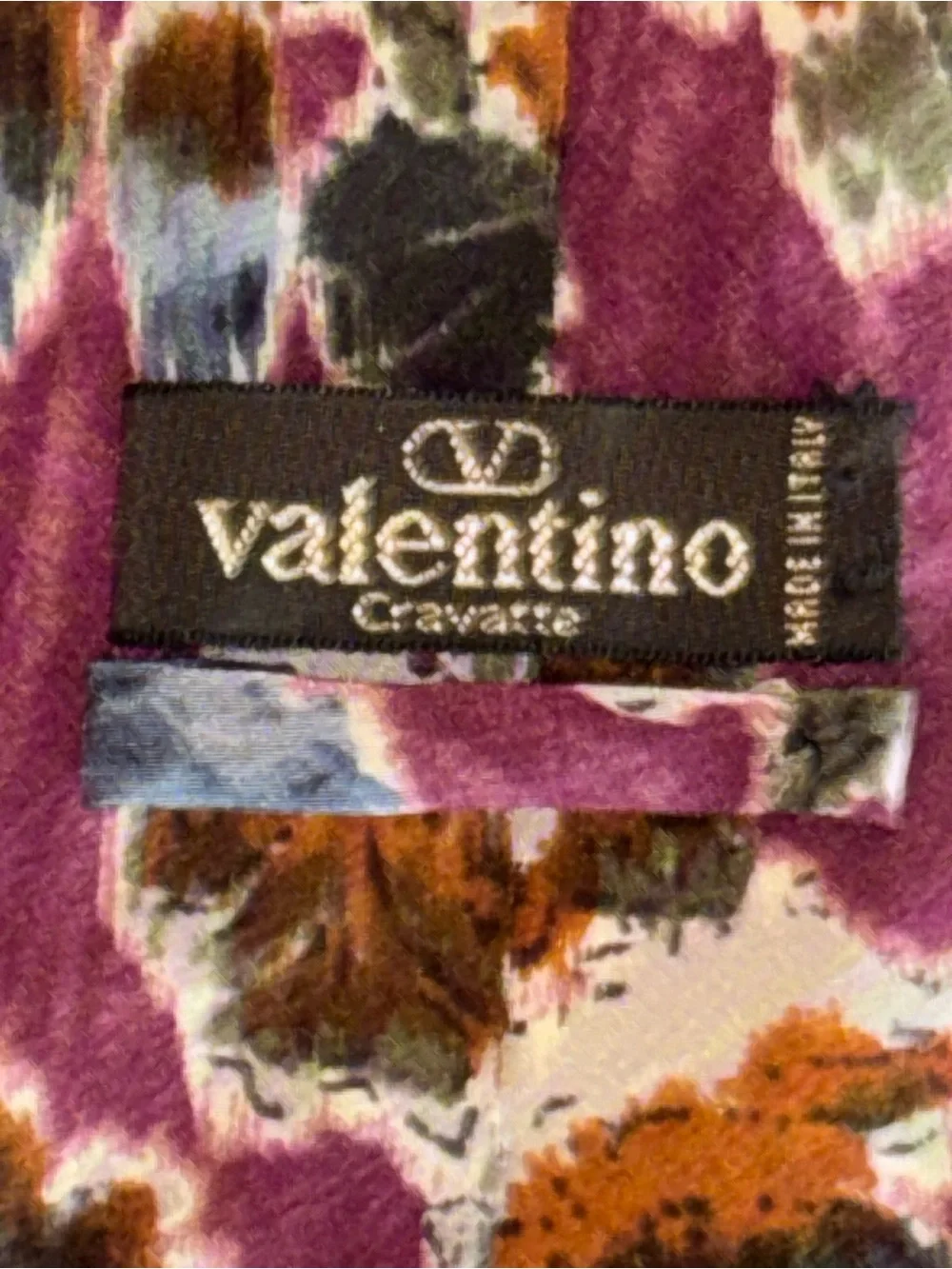 Valentino Cravatte Plum Floral Silk Tie with Brown, Gray and Cream Accents